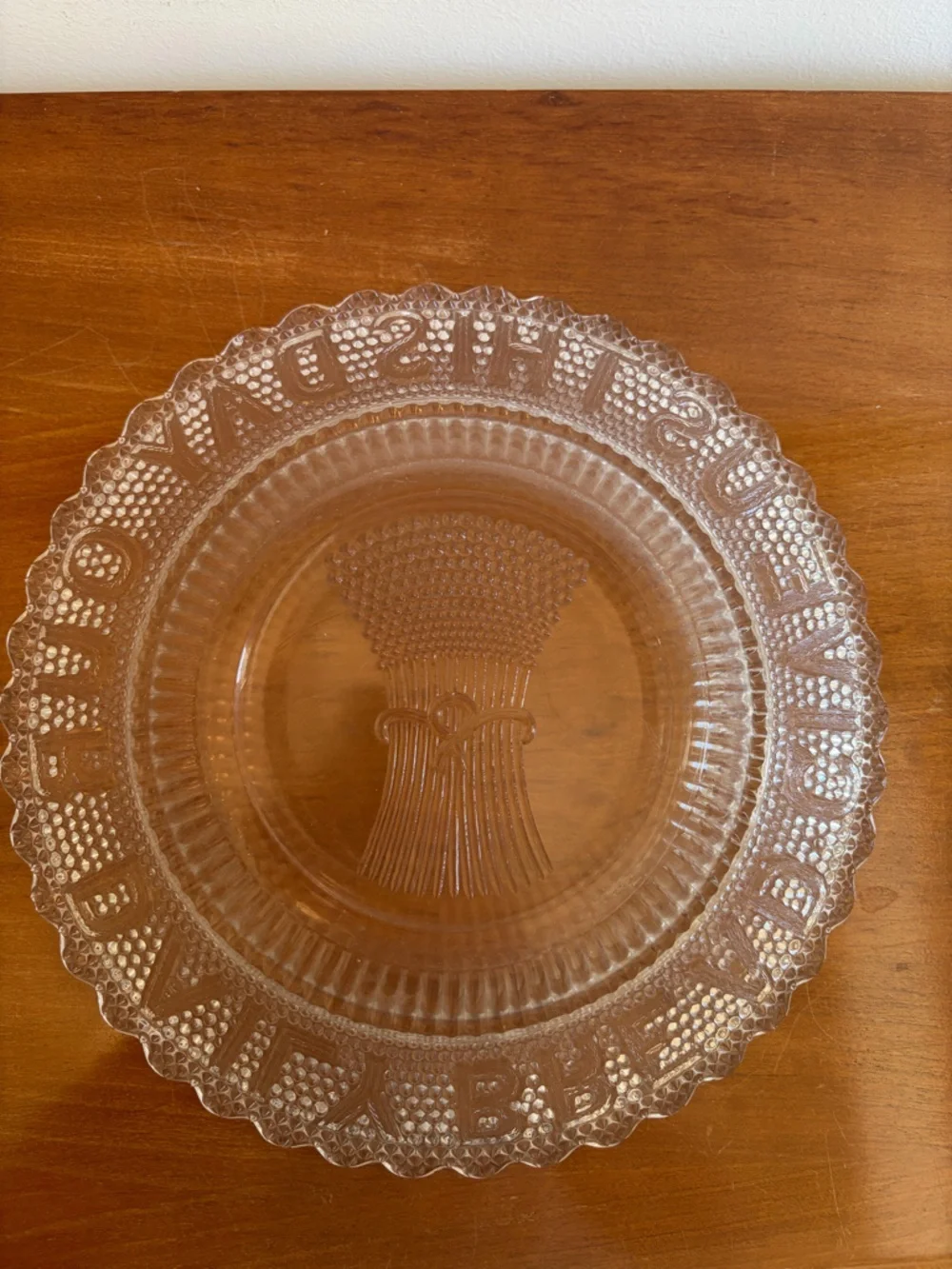 Pressed Glass Plate with Raised Harvest Motif and Give Us Our Daily Bread